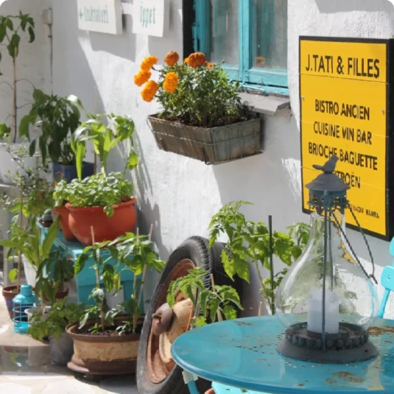 Charmig gård med blommor och skyltar vid Restaurang Gotland.